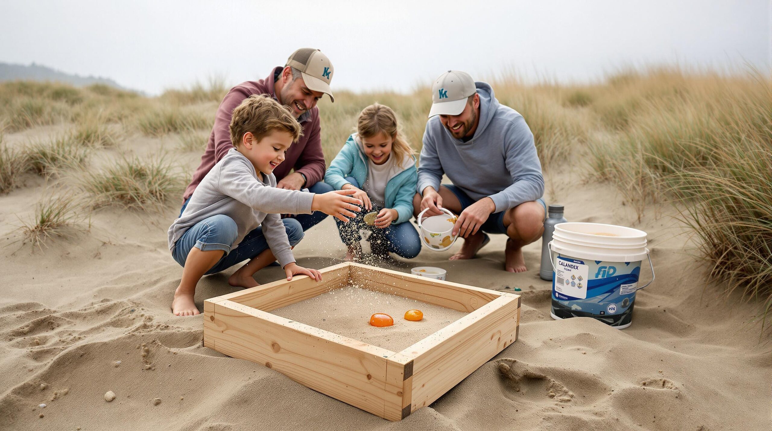 Family using homemade sand sifters to search for agates on a wide, sandy beach with dune grass in the background, child shaking a wooden sifter as sand falls and a small orange agate is visible on the mesh, parents and grandparents sorting stones nearby under overcast coastal light.